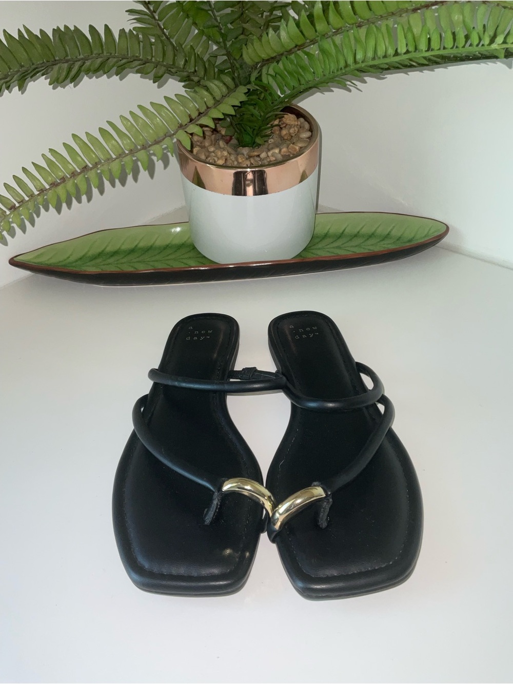 a new day Black Strappy Slide Sandals with Gold Accent